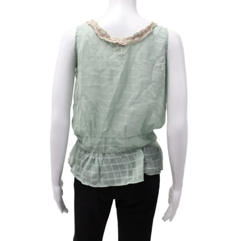 Free People Women Boho Green Check Scoop Neck Camisole 100% Polyester Size 10